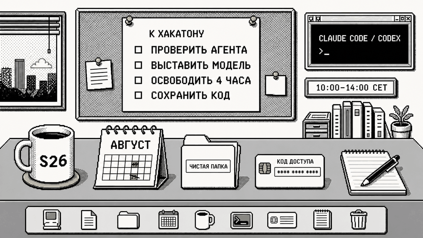 Рабочий стол: доска с чек-листом к хакатону, приложение Claude Code Desktop или Codex Desktop, табло 10:00–14:00 CET, календарь: 15 августа вычеркнуто, отмечено 29-е, чистая папка, карта с кодом доступа и блокнот.